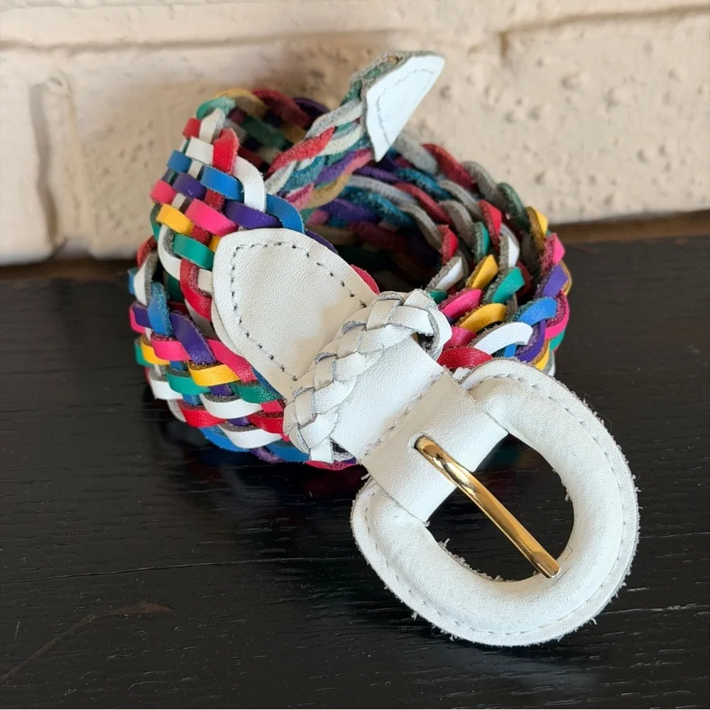 Vintage 80s Rainbow Colorful Cord Braided Belt White Leather Buckle Accent 1X